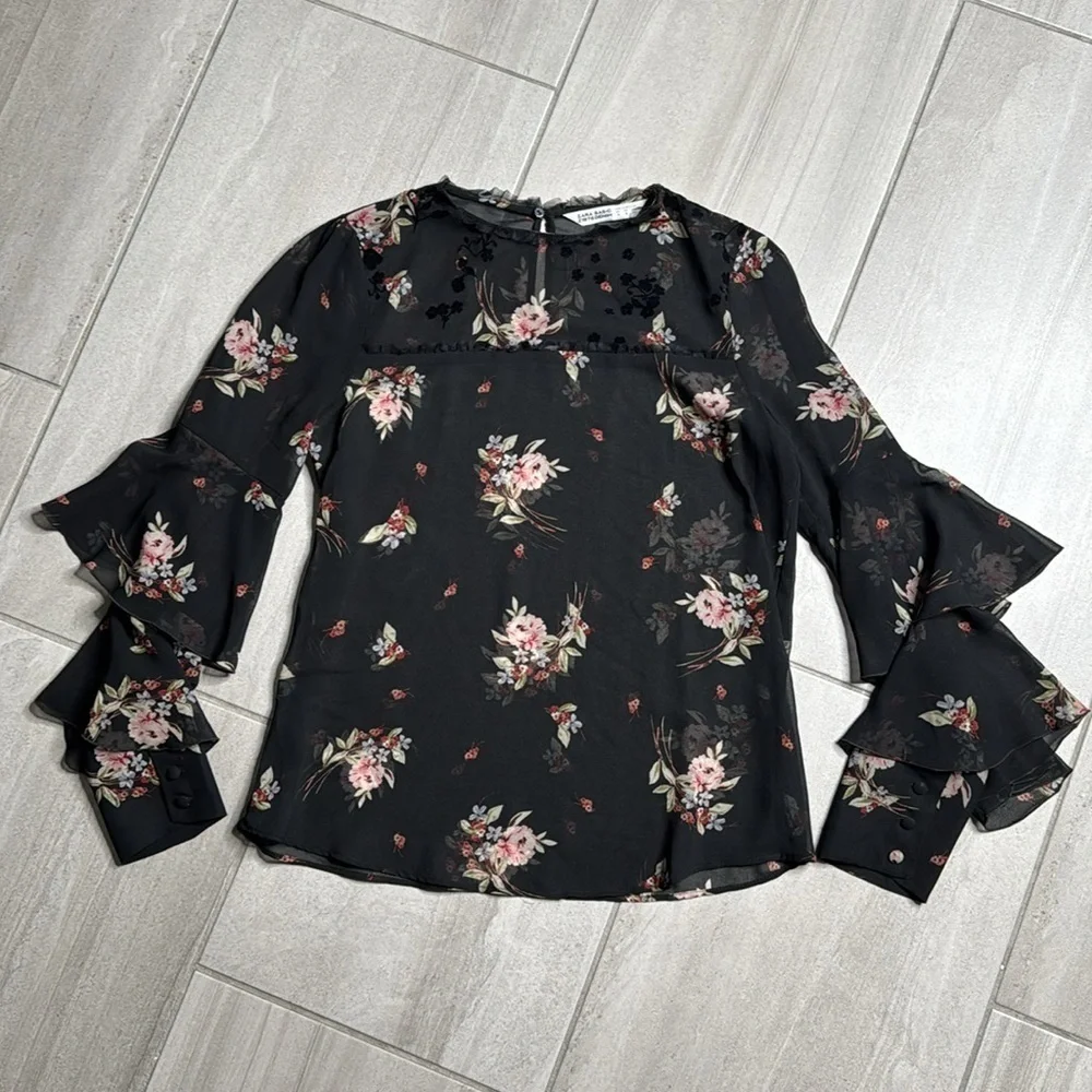 Zara Women Cut Out Flared Sleeve See Through Black Floral Blouse - Picture 6 of 9